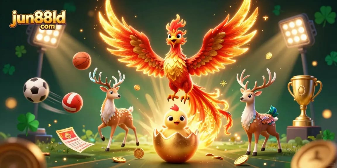 Experience thrilling bets at jun88ld com with captivating scenes of a phoenix and betting elements.