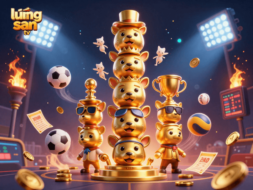 A dynamic scene featuring lương sơn tv with a golden totem pole amidst flying sports balls and winning trophies.