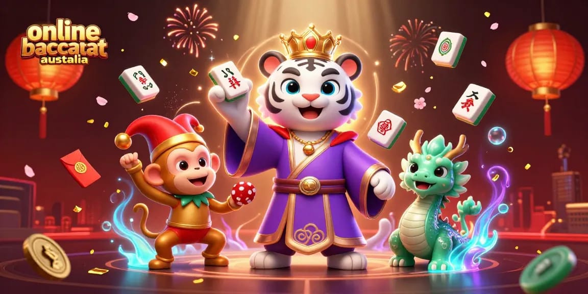 Engage with online baccarat Australia featuring an elegant tiger in royal robes and dynamic gaming elements.