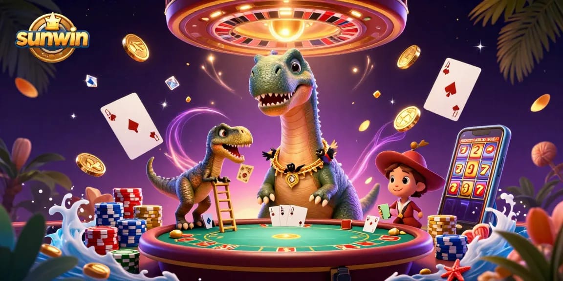 Experience thrilling action at sunwin casino with a massive brontosaurus watching over a lively poker game.