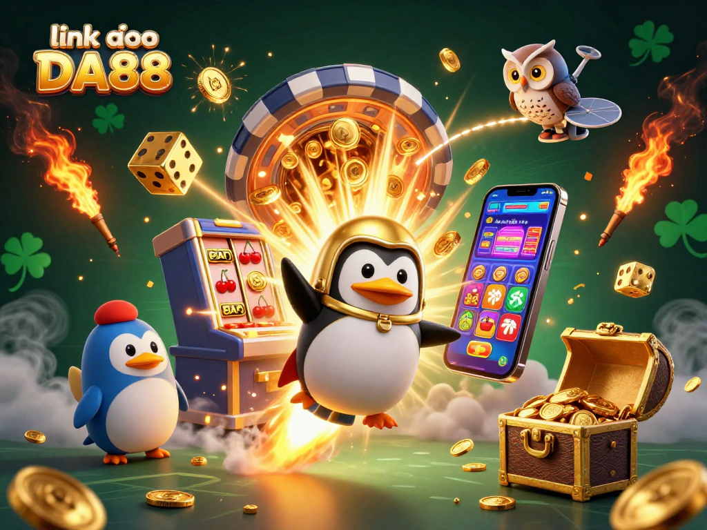 Experience thrilling gaming with link vào DA88 as a golden penguin rockets toward a casino space station.