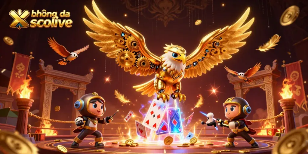 Experience xem bóng đá socolive in a dynamic 3D scene with cybernetic eagle and holographic elements.