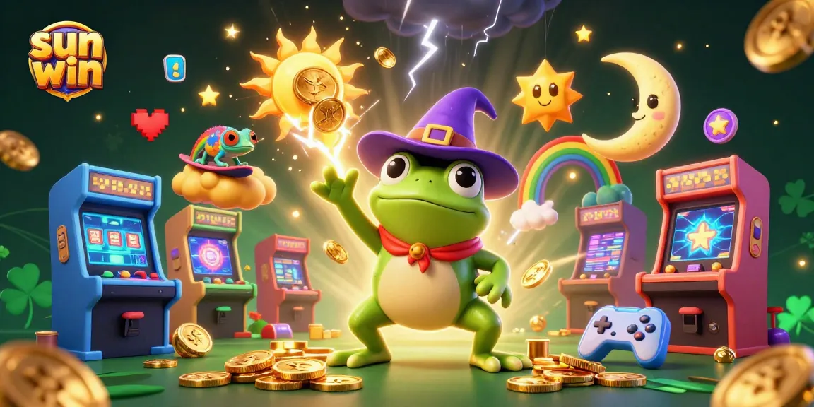 Experience sun win joy with golden coins, machines, and vibrant 3D casino elements in an exciting scene.