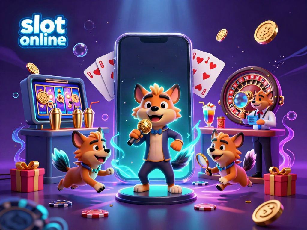 Engaging scene of slot online fun with hyenas in a casino setting, featuring games and vibrant colors.