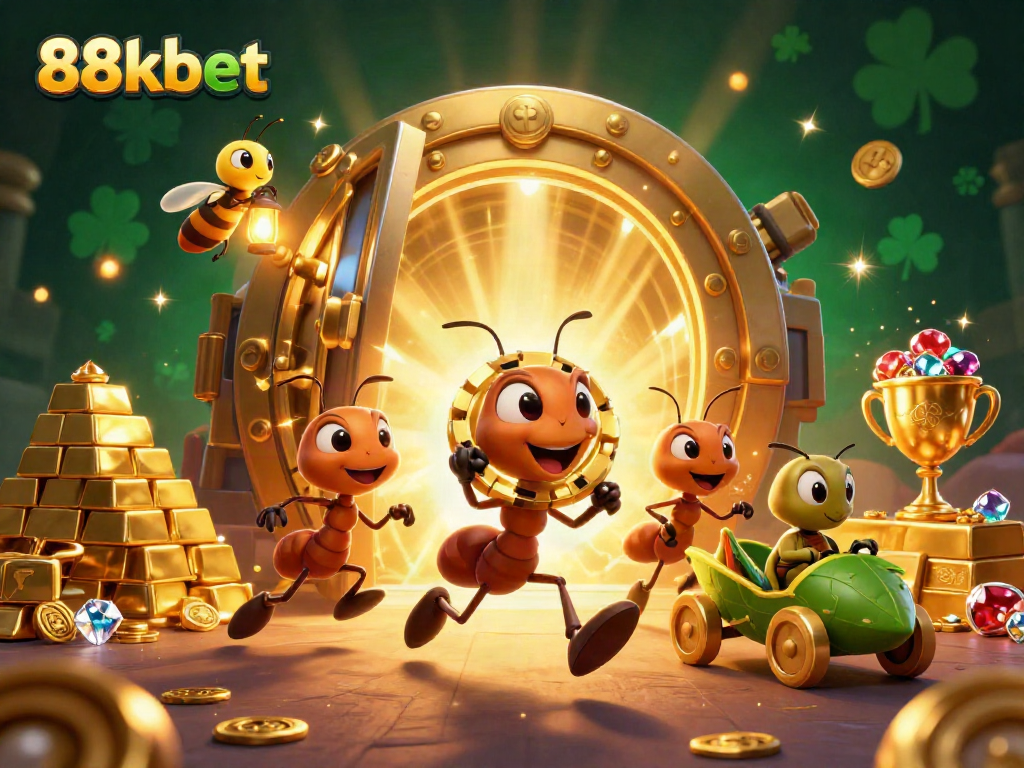 Experience thrilling heist adventure with 88kbet's cartoon ants and golden treasures in a dynamic casino scene.