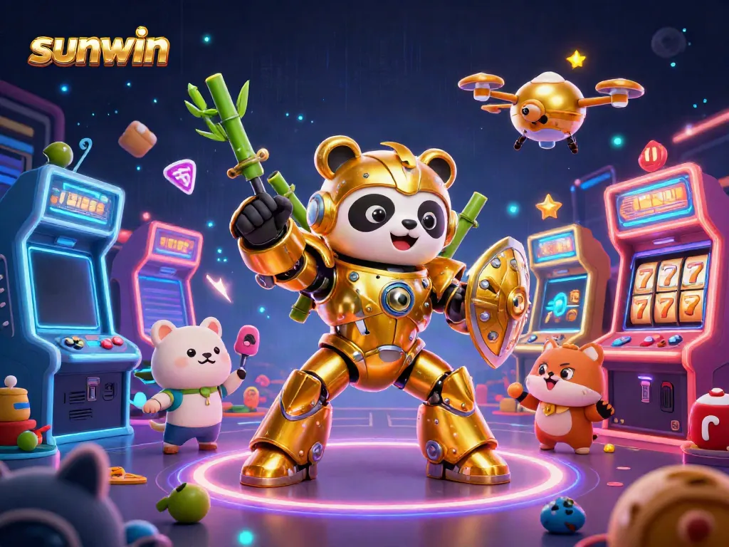 Engaging sunwin scene featuring a golden panda in a mech suit piloting a fighting robot in a lively arcade with gamblers