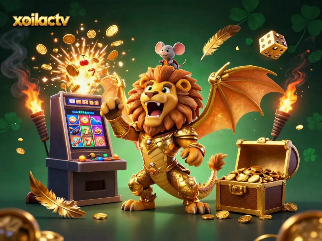 Experience the vibrant world of xoilactv with dynamic casino elements and a triumphant chimera character.