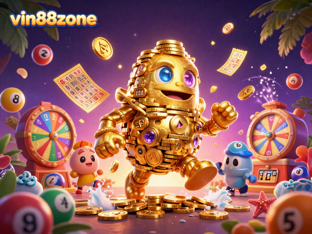 Experience thrilling gaming with vin88zone, featuring a dynamic golden golem and vibrant lottery elements.