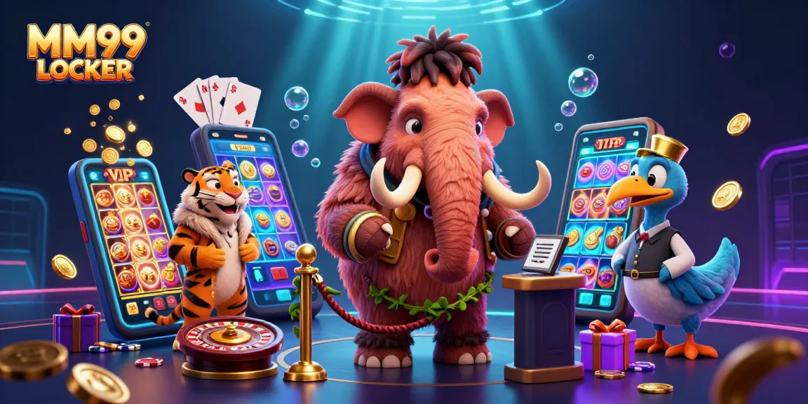 Experience excitement at MM99 LOCKER with vibrant characters and casino symbols in an enchanting scene.