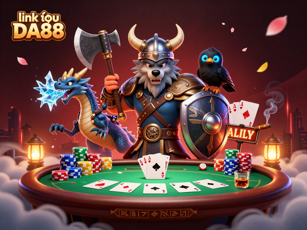 Engage in excitement with link vào DA88 featuring a Viking wolf warrior, dragon, and poker elements.