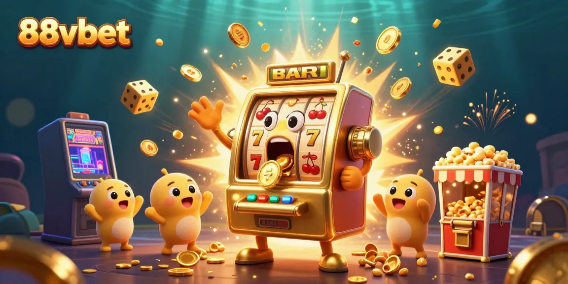 88vbet showcases a vibrant scene with a golden slot machine celebrating a jackpot, surrounded by cheering baby machines, and playful elements.