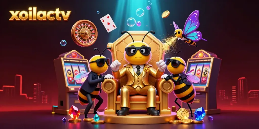 Engage in thrilling plays at xoilactv with vibrant casino-themed 3D cartoon illustration featuring characters and elements.