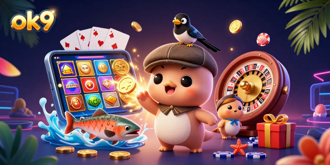 Experience thrilling games at ok9, featuring vibrant slot machines and playful characters.