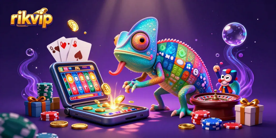 Win big at rikvip with the vibrant chameleon casino owner, golden coins flying during gameplay.